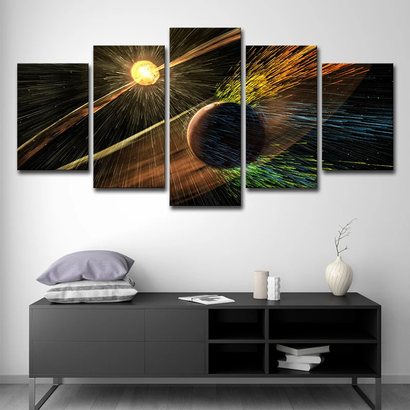 Lienzo artístico de pared con planetas espaciales ficticios, decoración de pared amarilla de varias piezas para sala de es...
