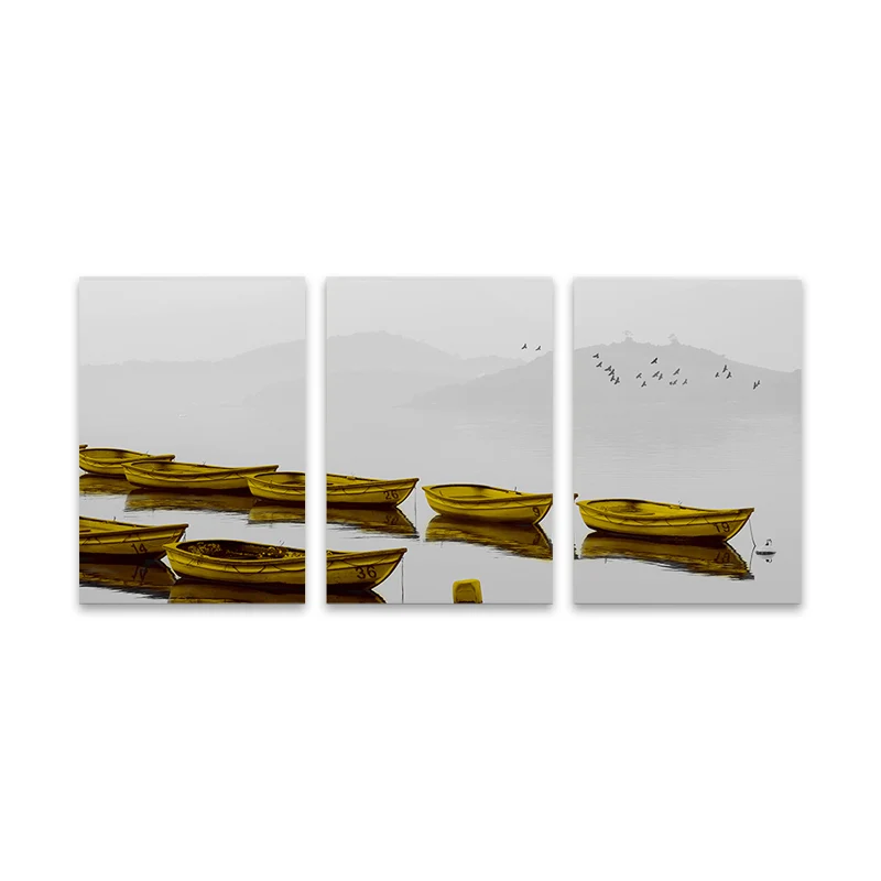 Lienzo de barcos de río brumoso marrón, arte de pared texturizado, decoración de pared de salón contemporánea Marron Clear...