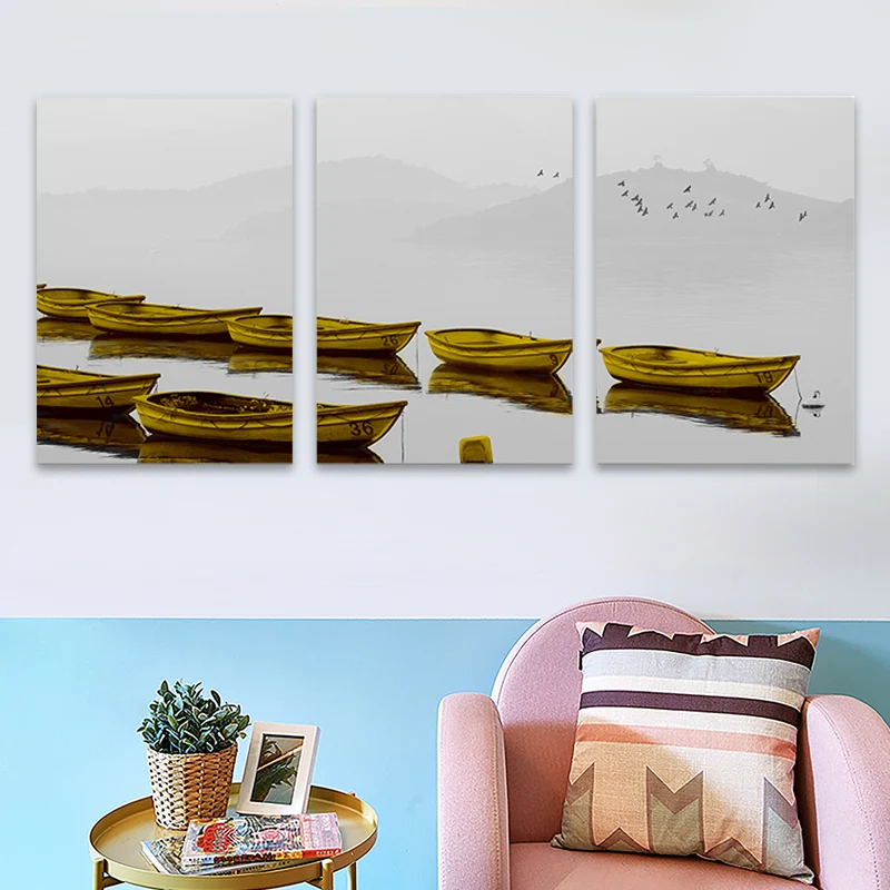 Lienzo de barcos de río brumoso marrón, arte de pared texturizado, decoración de pared de salón contemporánea Marron Clear...