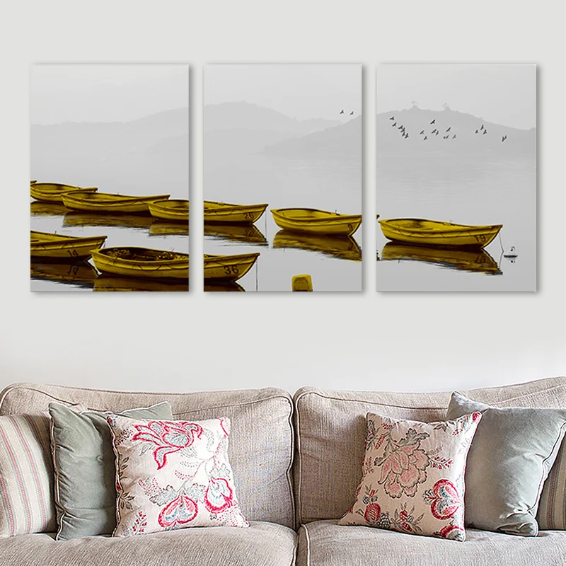 Lienzo de barcos de río brumoso marrón, arte de pared texturizado, decoración de pared de salón contemporánea Marron Clear...