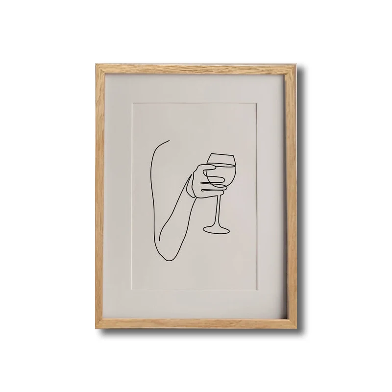 Lienzo blanco con estampado de arte minimalista, mano con copa de vino, dibujo lineal, decoración de pared Blanco Clearhalo