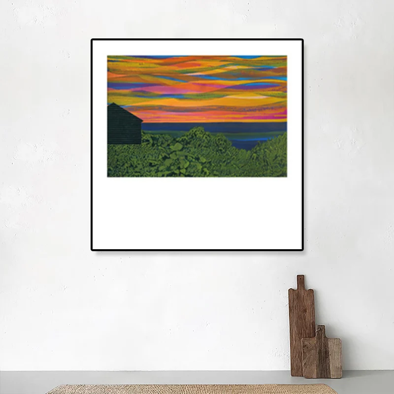 Lienzo de cabañ de troncos, arte de pared, pintura de paisaje nocturno hermoso Funky en Color oscuro para habitación Azul...