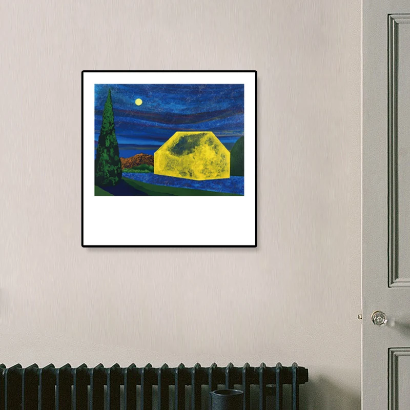 Lienzo de cabañ de troncos, arte de pared, pintura de paisaje nocturno hermoso Funky en Color oscuro para habitación Azul...
