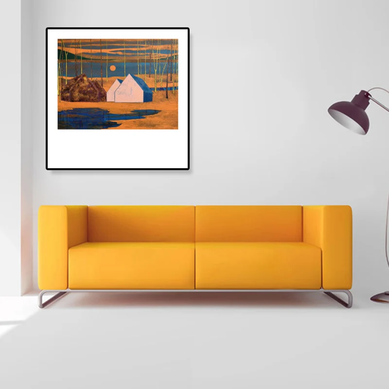 Lienzo de cabañ de troncos, arte de pared, pintura de paisaje nocturno hermoso Funky en Color oscuro para habitación Azul...
