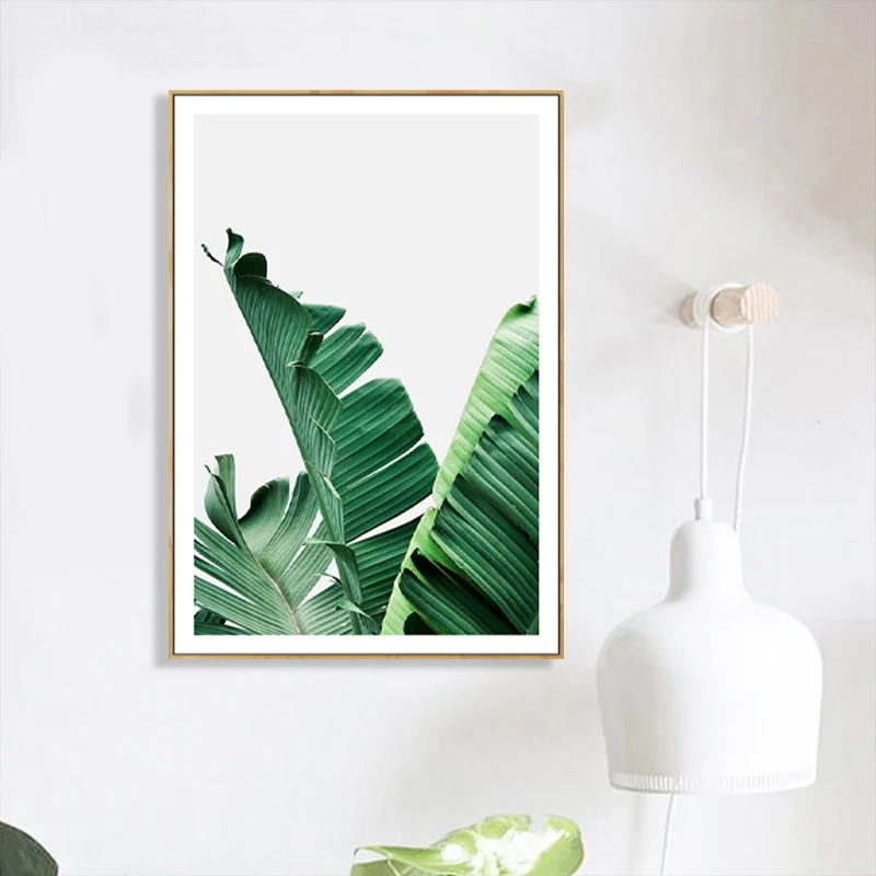 Lienzo con hojas de plátano verde, decoración de pared de dormitorio tropical texturizada, varios tamaños Verde Clearhalo