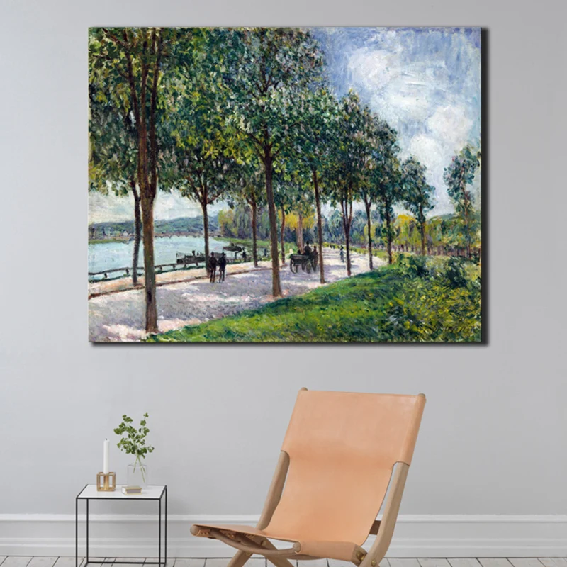 Lienzo con paisaje de sendero arbolado, estilo impresionista texturizado para pintura de dormitorio Verde Clearhalo