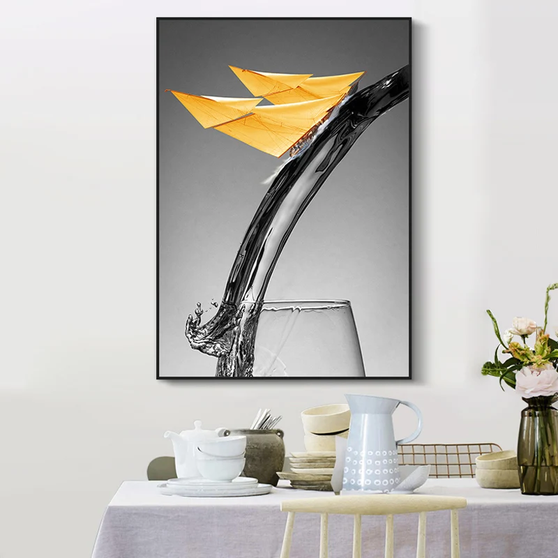 Lienzo con textura para decoración de pared, diseño moderno de barco que fluye hacia la copa de vino, impresión artística...