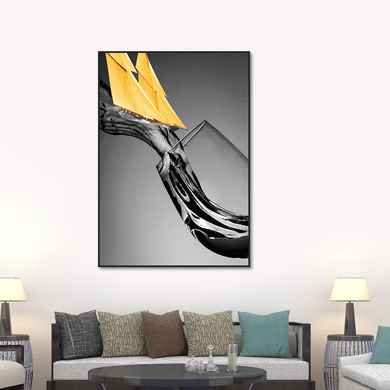 Lienzo con textura para decoración de pared, diseño moderno de barco que fluye hacia la copa de vino, impresión artística...