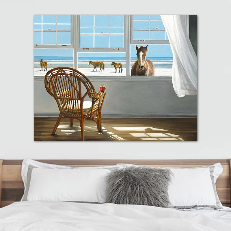 Lienzo con vista interior de la casa la orilla del mar, impresión artística de pared de estilo nórdico azul para dormitori...