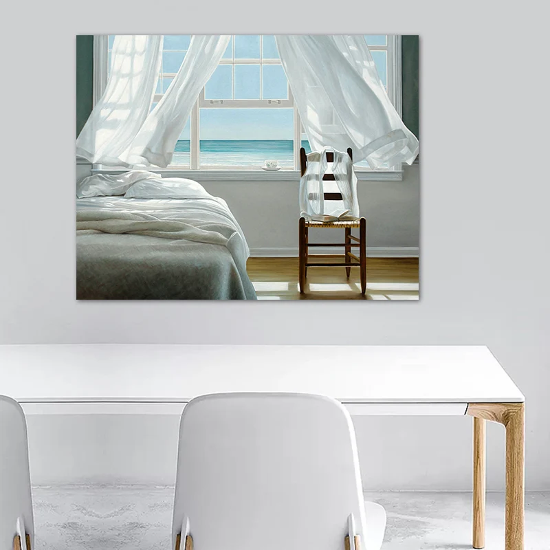 Lienzo con vista interior de la casa la orilla del mar, impresión artística de pared de estilo nórdico azul para dormitori...