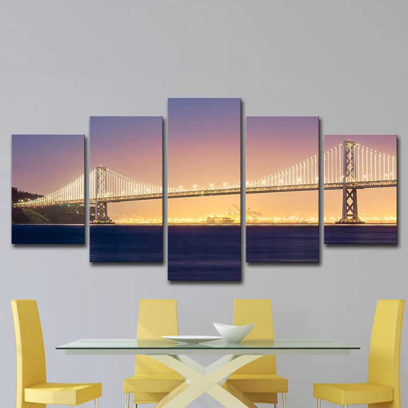 Lienzo con vista nocturna del puente del mar, decoración de pared contemporánea naranja y púrpura para el hogar Naranja Cl...