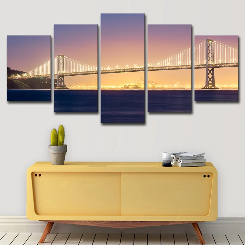 Lienzo con vista nocturna del puente del mar, decoración de pared contemporánea naranja y púrpura para el hogar Naranja Cl...