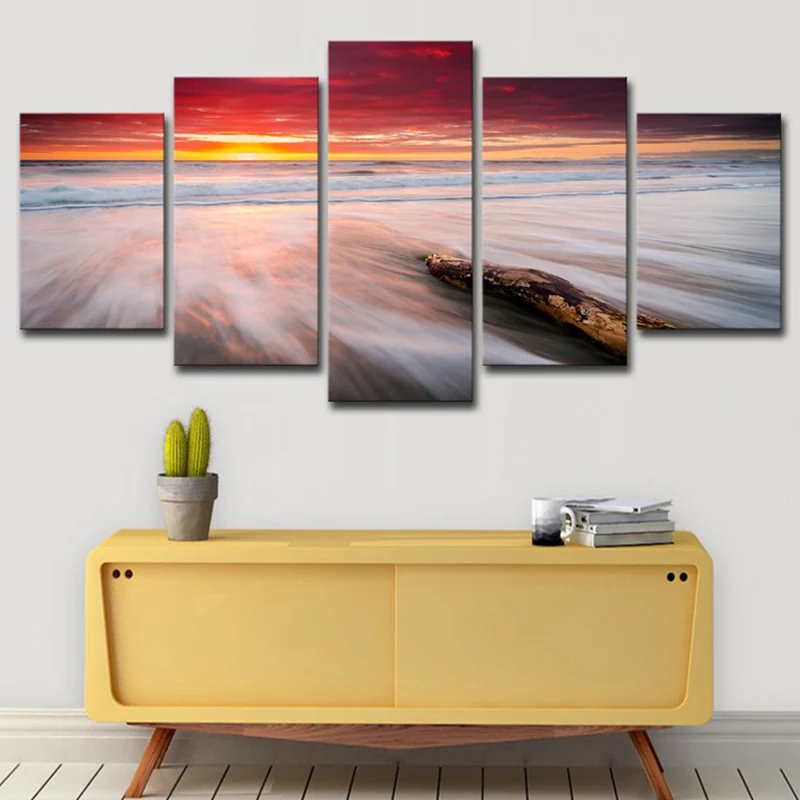 Lienzo de Crepúsculo naranja en la playa, paisaje marino moderno, impresión artística de pared de varias piezas para dormi...