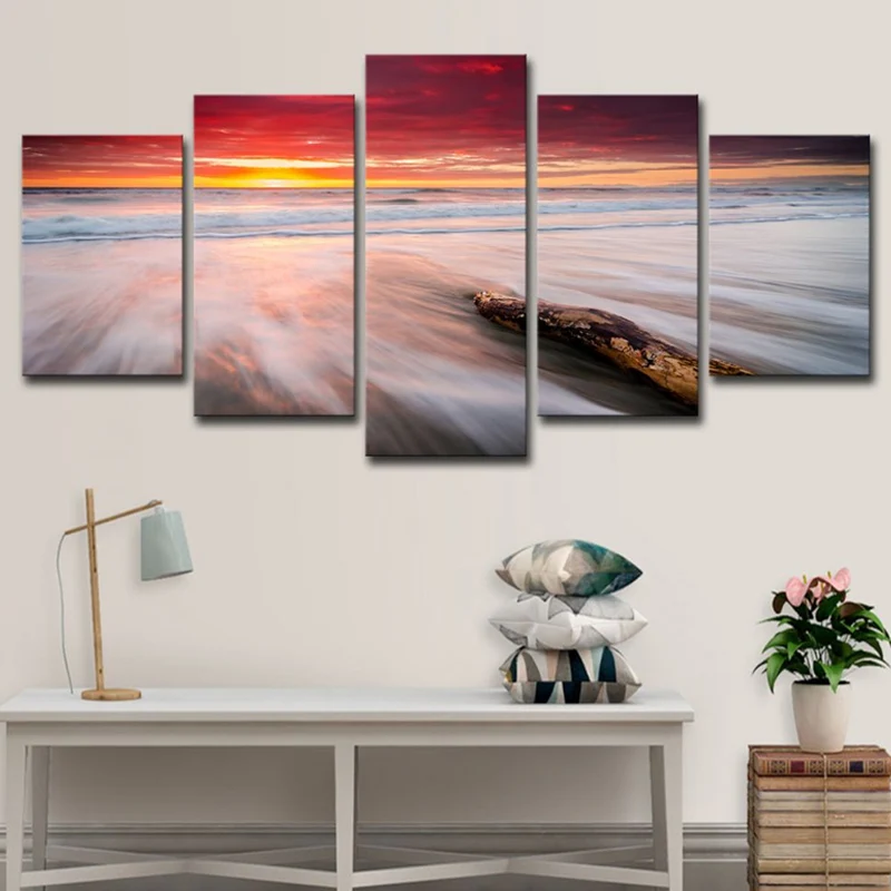 Lienzo de Crepúsculo naranja en la playa, paisaje marino moderno, impresión artística de pared de varias piezas para dormi...