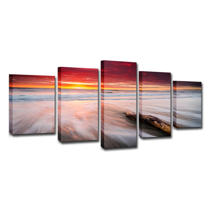 Lienzo de Crepúsculo naranja en la playa, paisaje marino moderno, impresión artística de pared de varias piezas para dormi...
