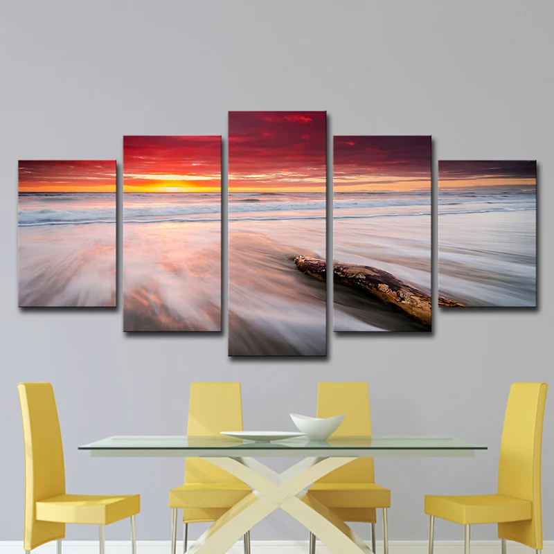 Lienzo de Crepúsculo naranja en la playa, paisaje marino moderno, impresión artística de pared de varias piezas para dormi...