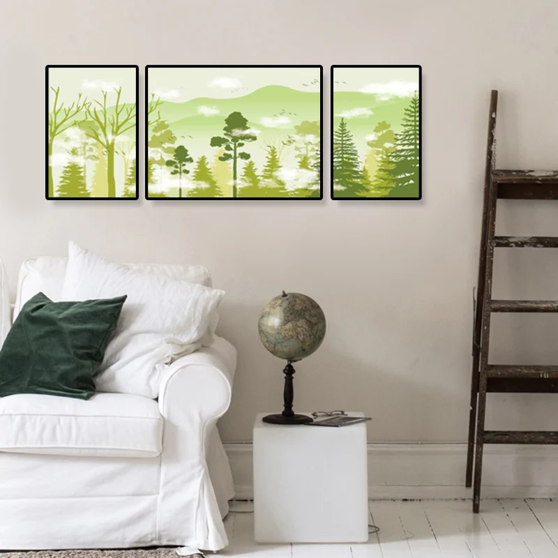 Lienzo decorativo para pared con bosque misterioso tropical, color suave, para sala de estar, juego de 3 Azul Clearhalo