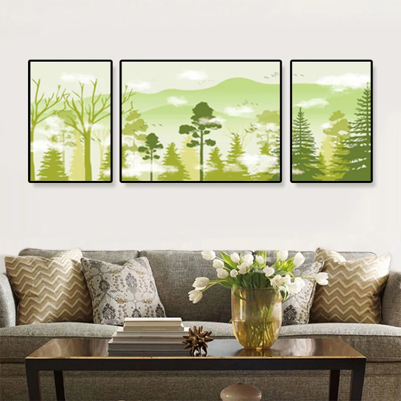 Lienzo decorativo para pared con bosque misterioso tropical, color suave, para sala de estar, juego de 3 Azul Clearhalo