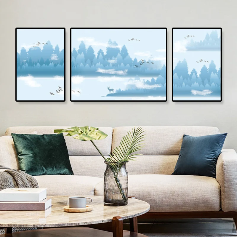 Lienzo decorativo para pared con bosque misterioso tropical, color suave, para sala de estar, juego de 3 Azul Clearhalo