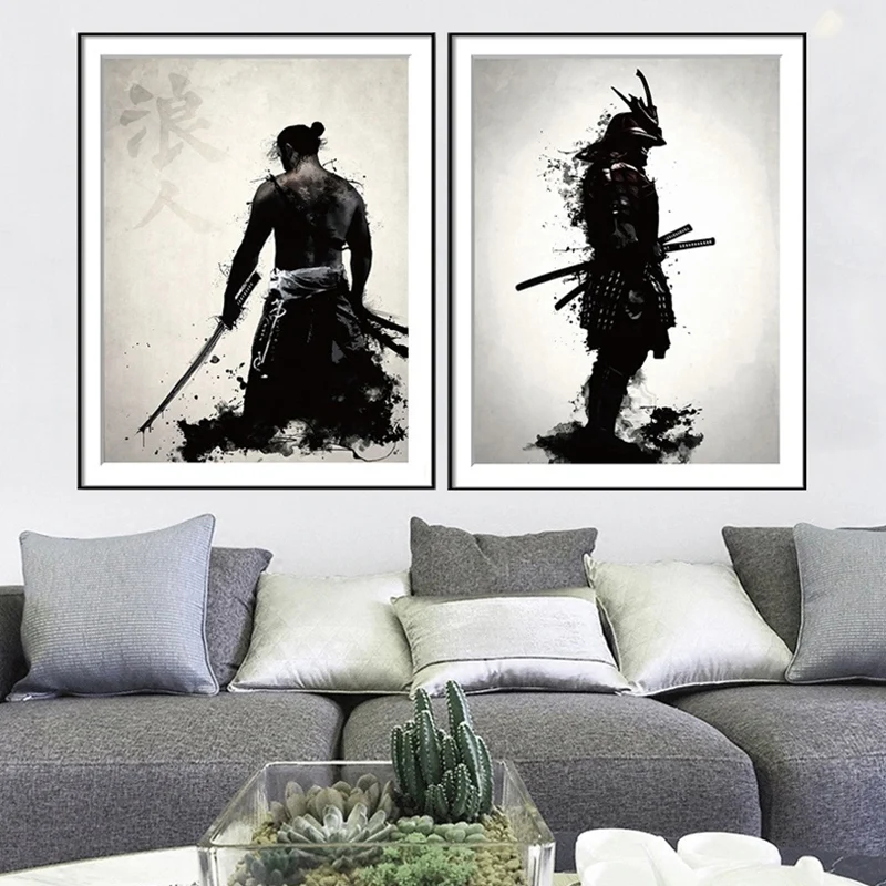 Lienzo decorativo de pintura de guerrero asiático, impresión artística de pared negra para salón, varios tamaños Negro Cle...