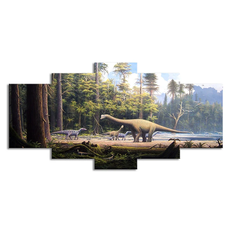 Lienzo de dinosaurio en el bosque, decoración de pared de fantasí realista ficticia en marrón-verde Marron Clearhalo
