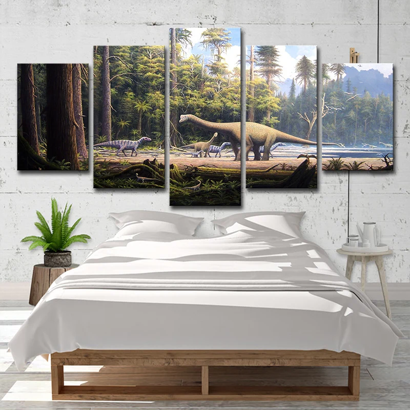 Lienzo de dinosaurio en el bosque, decoración de pared de fantasí realista ficticia en marrón-verde Marron Clearhalo