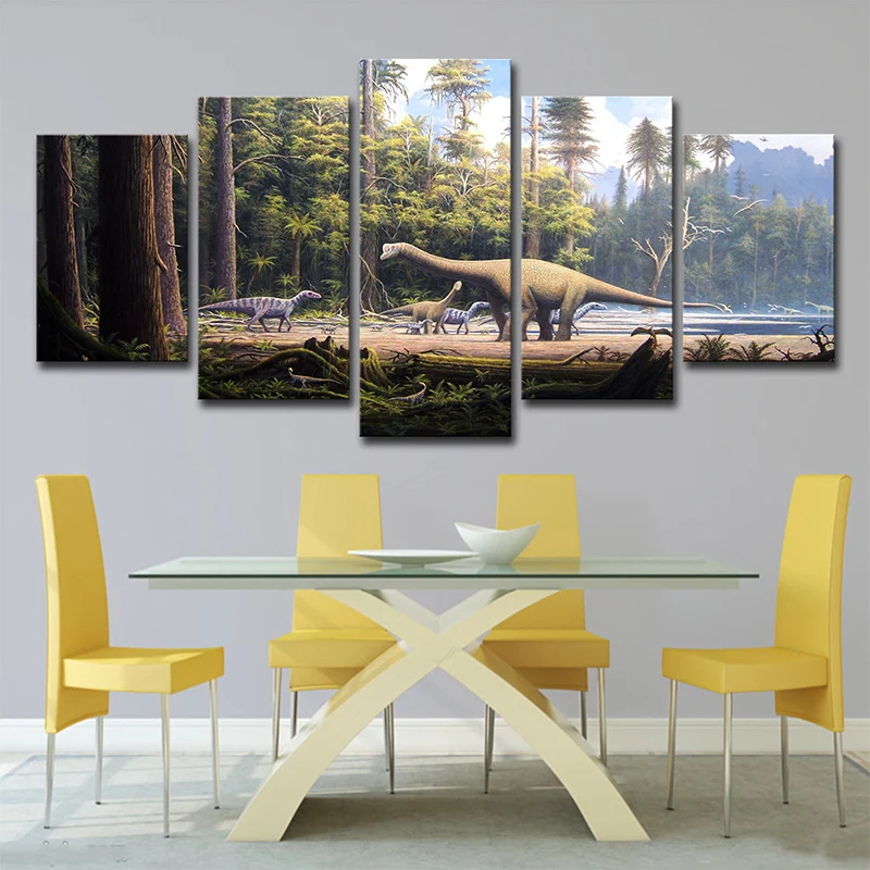 Lienzo de dinosaurio en el bosque, decoración de pared de fantasí realista ficticia en marrón-verde Marron Clearhalo