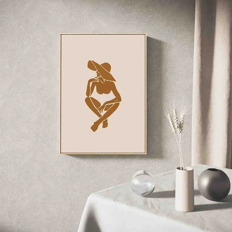Lienzo envuelto con textura nórdica con estampado artístico de chica con sombrero marrón para sala de estar Marron Clearhalo