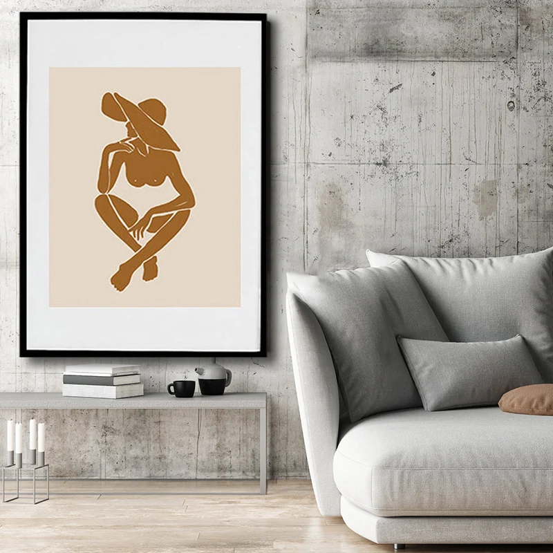 Lienzo envuelto con textura nórdica con estampado artístico de chica con sombrero marrón para sala de estar Marron Clearhalo
