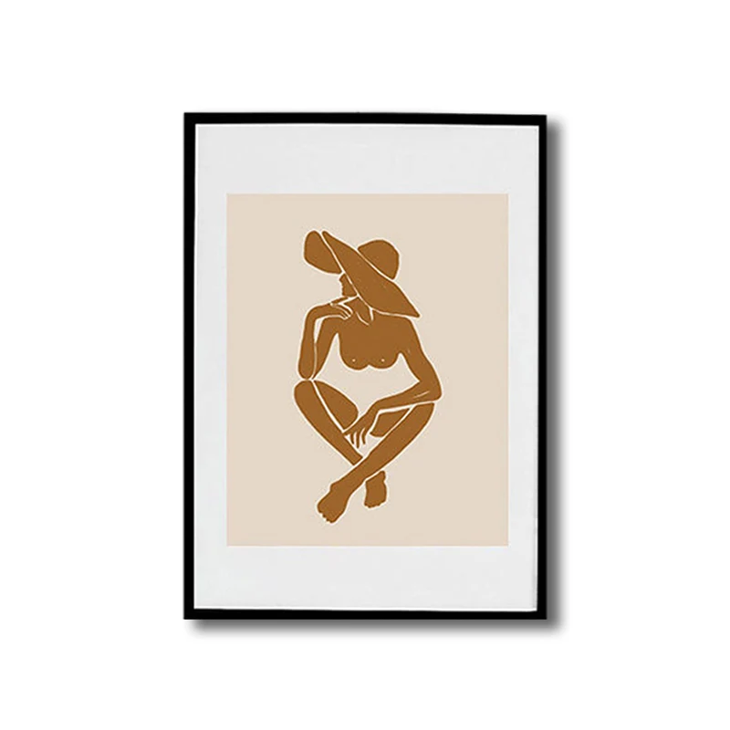 Lienzo envuelto con textura nórdica con estampado artístico de chica con sombrero marrón para sala de estar Marron Clearhalo
