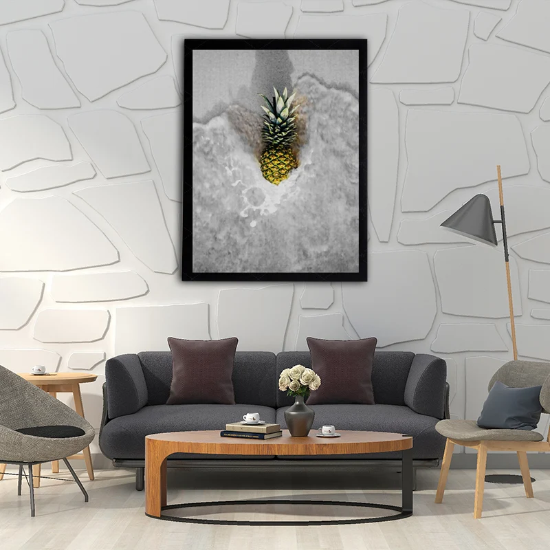 Lienzo fotográfico de piñ y agua para pared para sala de estar, gris y amarillo Gris Clearhalo