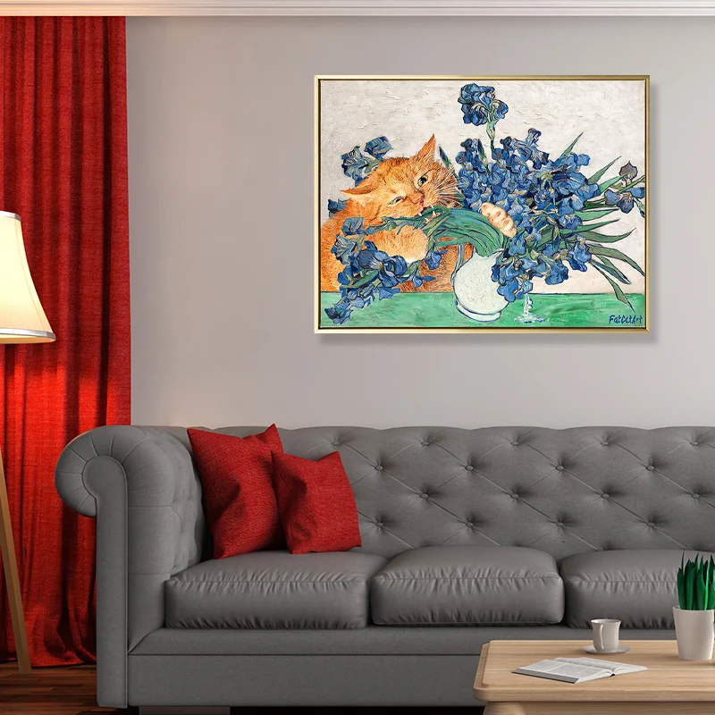 Lienzo de gato travieso y jarrón para sala de estar, impresión artística de pared de animales en azul y naranja Azul Clear...