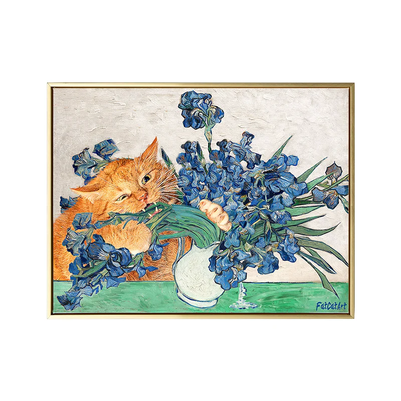 Lienzo de gato travieso y jarrón para sala de estar, impresión artística de pared de animales en azul y naranja Azul Clear...