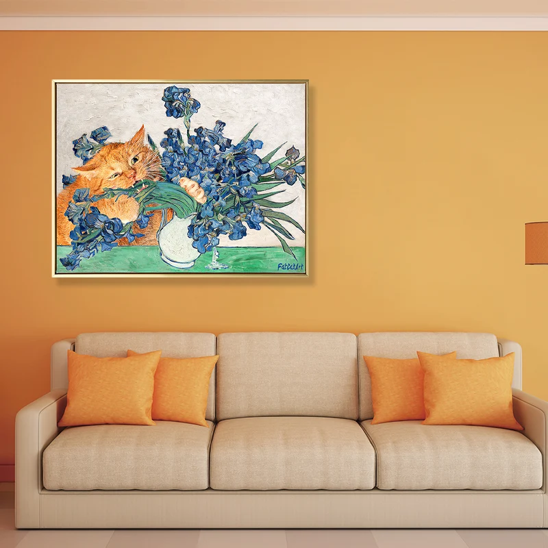 Lienzo de gato travieso y jarrón para sala de estar, impresión artística de pared de animales en azul y naranja Azul Clear...