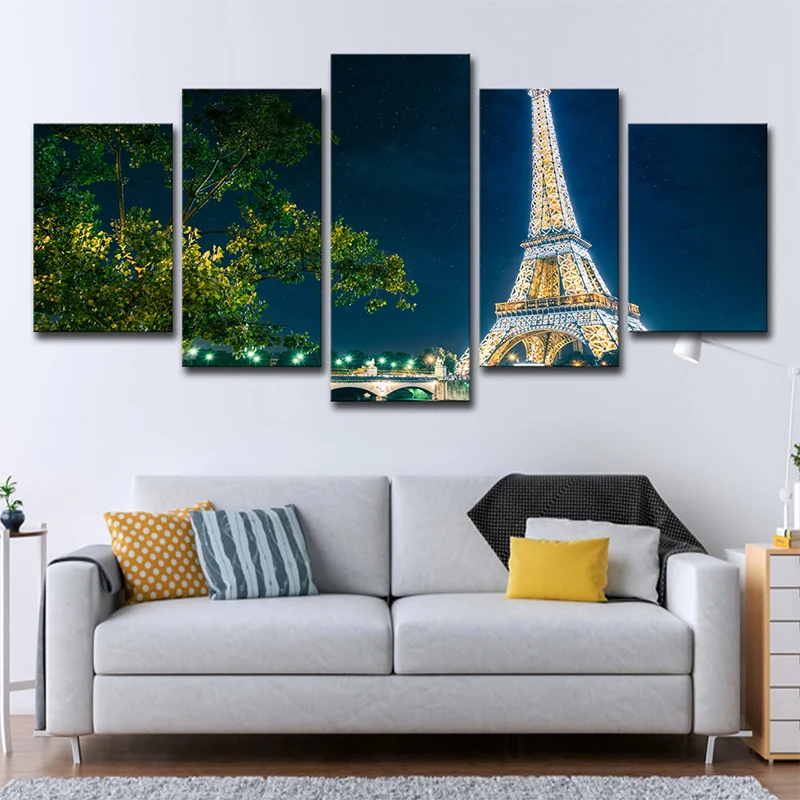Lienzo de inspiración global, arte de pared, árbol verde y Torre Eiffel por la noche, decoración de pared para el hogar Ve...