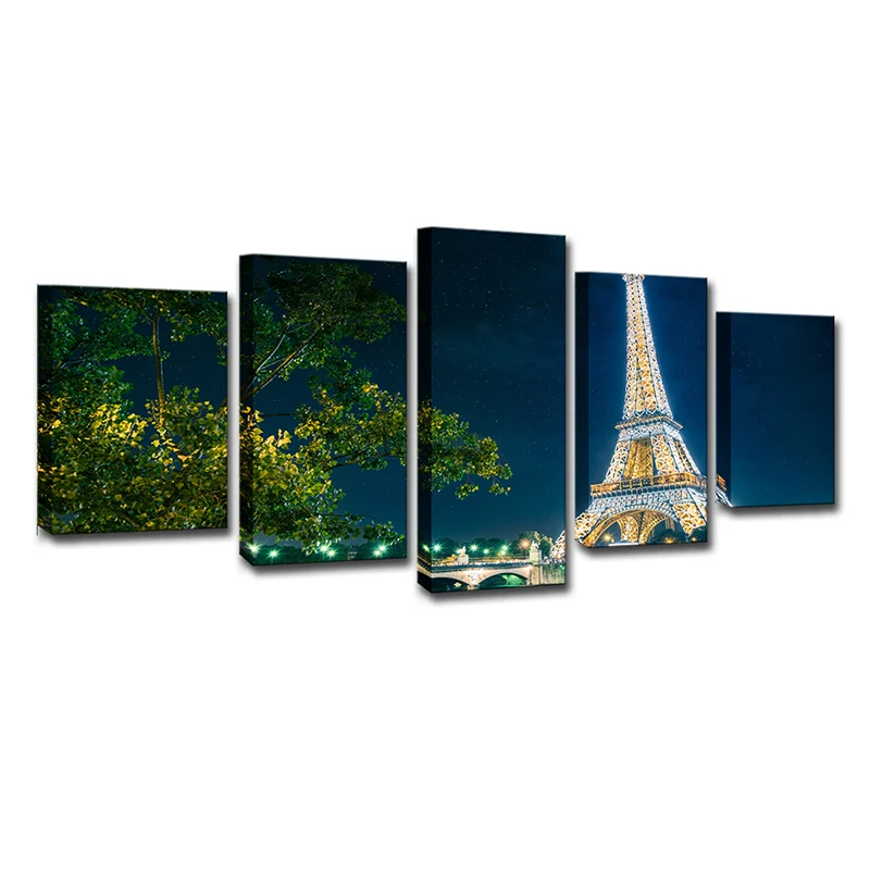 Lienzo de inspiración global, arte de pared, árbol verde y Torre Eiffel por la noche, decoración de pared para el hogar Ve...