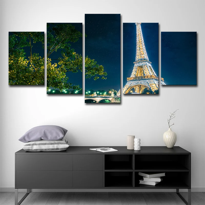 Lienzo de inspiración global, arte de pared, árbol verde y Torre Eiffel por la noche, decoración de pared para el hogar Ve...