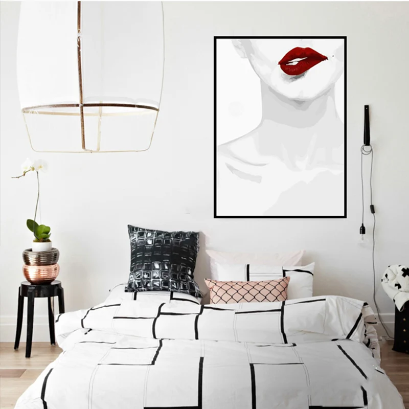 Lienzo de moda, arte de pared, minimalista, Sexy, mujer, hueso del cuello y labios rojos, decoración de pared en blanco Bl...