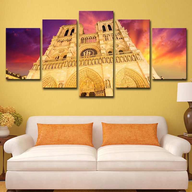 Lienzo moderno de la catedral de Notre Dame, decoración artística de pared para sala de estar, color amarillo, varias piez...