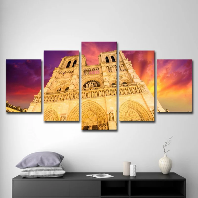 Lienzo moderno de la catedral de Notre Dame, decoración artística de pared para sala de estar, color amarillo, varias piez...