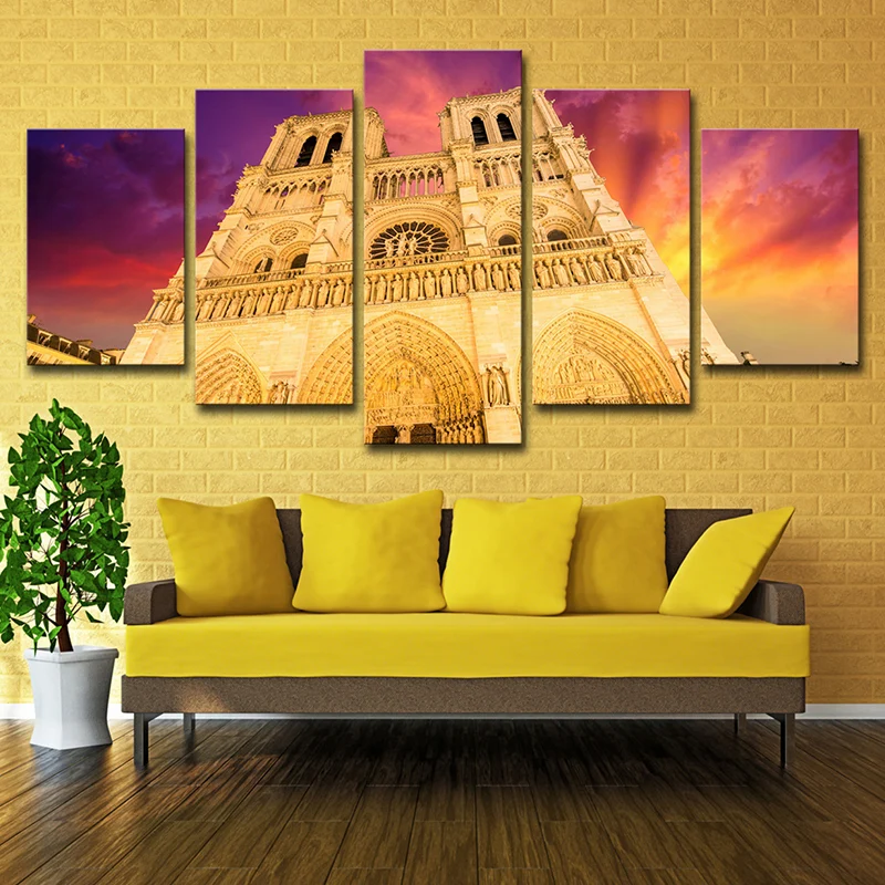 Lienzo moderno de la catedral de Notre Dame, decoración artística de pared para sala de estar, color amarillo, varias piez...