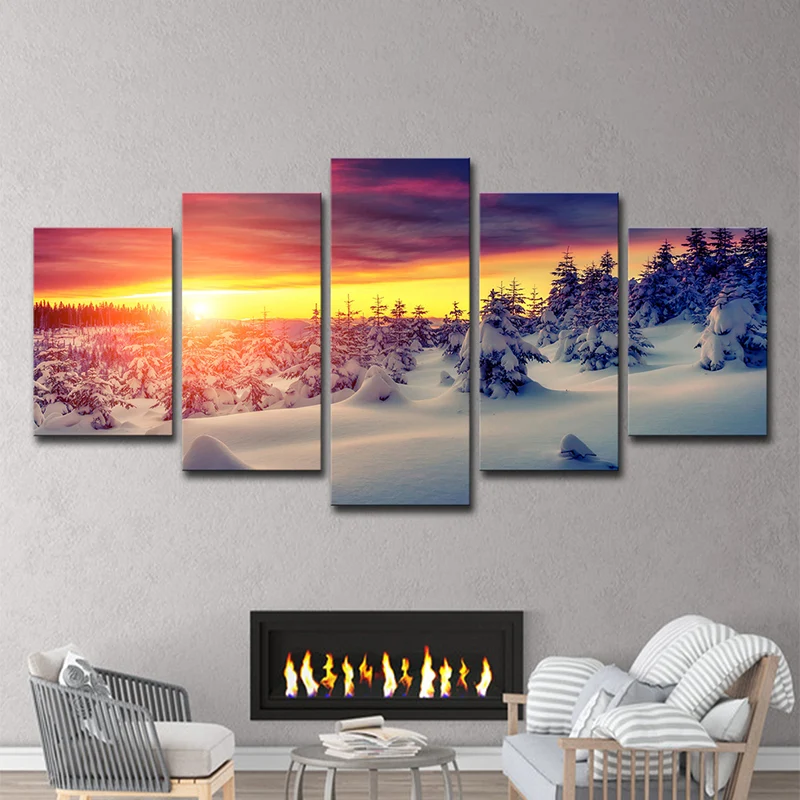 Lienzo moderno con paisaje de nieve y puesta de sol, decoración artística de pared de varias piezas amarilla para sala de...