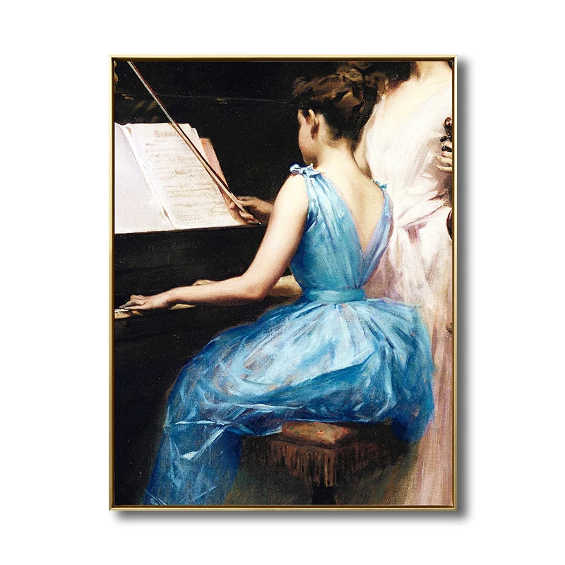 Lienzo musical vintage con estampado de niñ tocando el piano, decoración de pared azul para dormitorio, varios tamaños Azu...