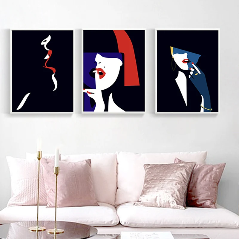 Lienzo negro texturizado, arte de pared, mujer victoriana con pintura de lápiz labial rojo para salón Negro Clearhalo