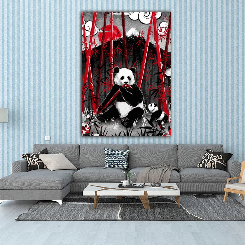 Lienzo de panda asiático comiendo bambú para impresiones artísticas de pared de gran salón en negro, varios tamaños Negro...