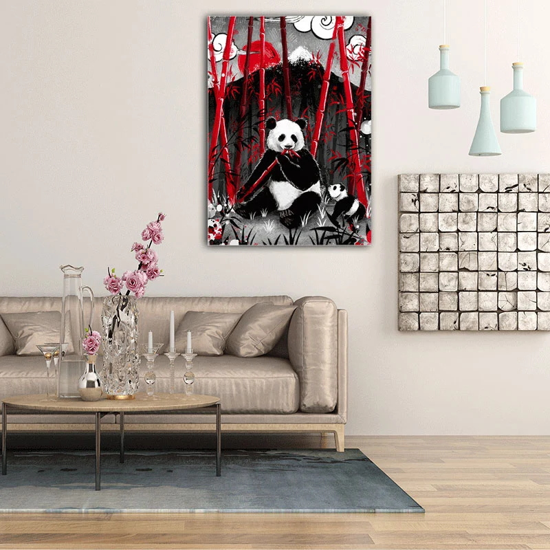 Lienzo de panda asiático comiendo bambú para impresiones artísticas de pared de gran salón en negro, varios tamaños Negro...