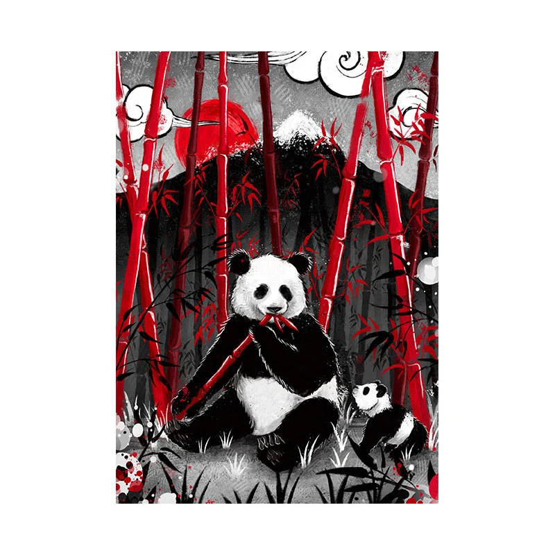 Lienzo de panda asiático comiendo bambú para impresiones artísticas de pared de gran salón en negro, varios tamaños Negro...