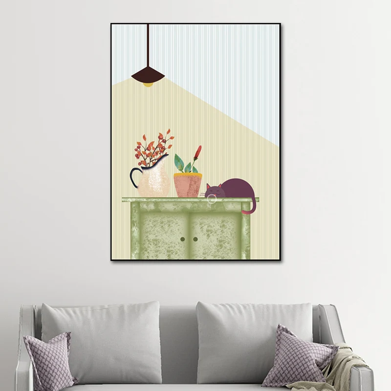 Lienzo para sala de estar con superficie texturizada de estilo infantil con estampado de gatito y planta en maceta Amarill...