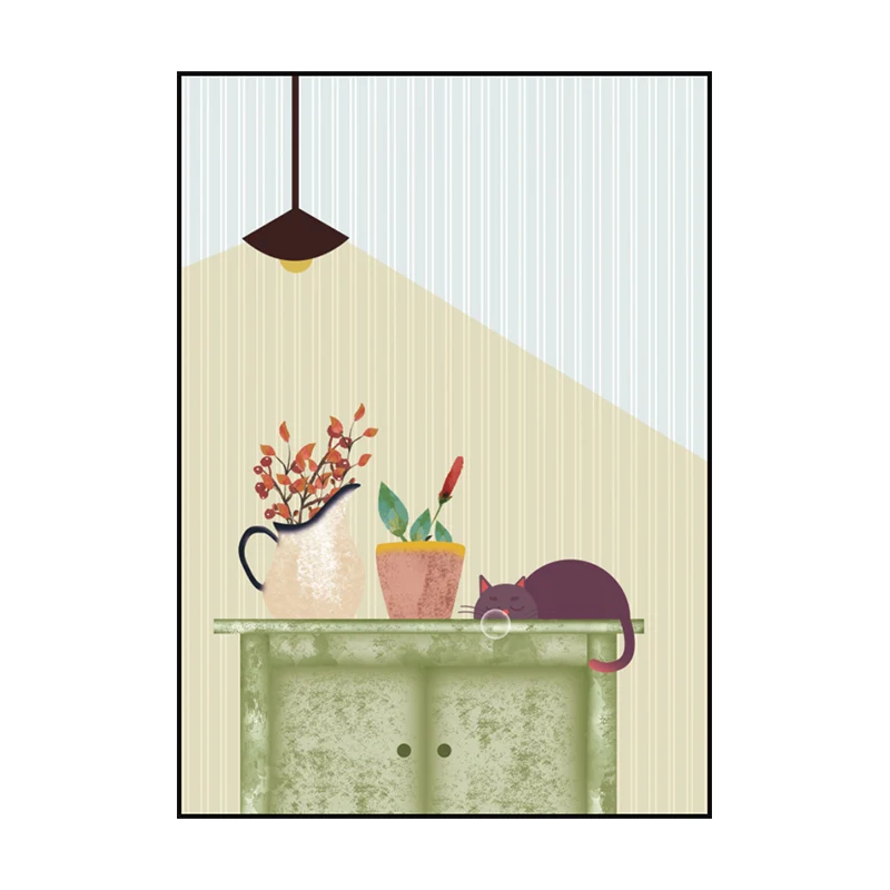 Lienzo para sala de estar con superficie texturizada de estilo infantil con estampado de gatito y planta en maceta Amarill...