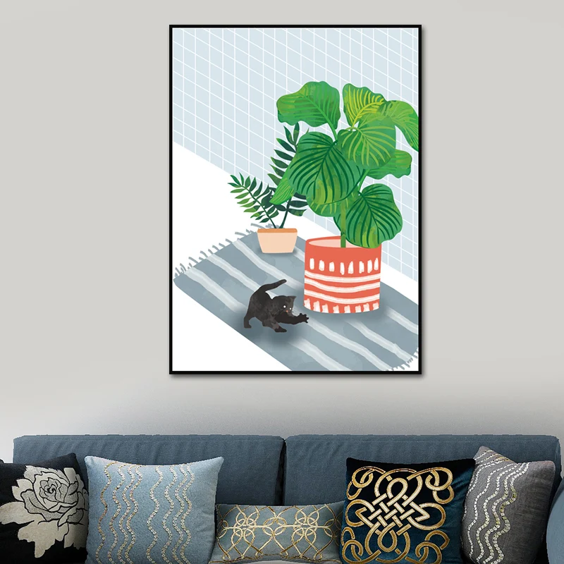 Lienzo para sala de estar con superficie texturizada de estilo infantil con estampado de gatito y planta en maceta Amarill...